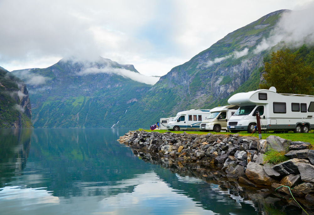 Motorhomes at campsite by the Geirangerfjord in Norway