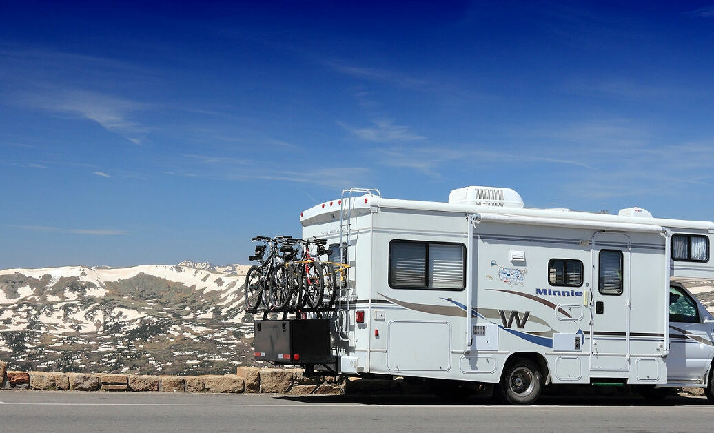 RV motorhome parked along Trail Ridge Road in Rocky Mountain National Park, Colorado