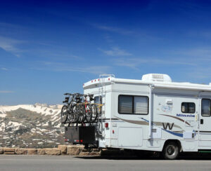 RV motorhome parked along Trail Ridge Road in Rocky Mountain National Park, Colorado