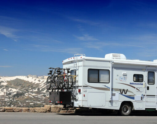 RV motorhome parked along Trail Ridge Road in Rocky Mountain National Park, Colorado