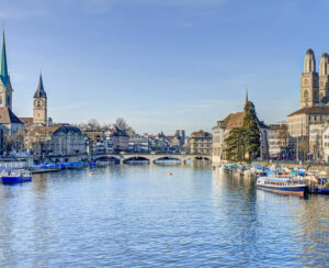 Zurich Switzerland - cityscape view along the Limmat river. HDR image.