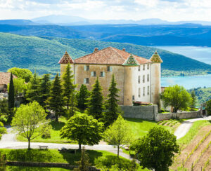 chateau and church in Aiguines and St Croix Lake at background, Var Department, Provence, France