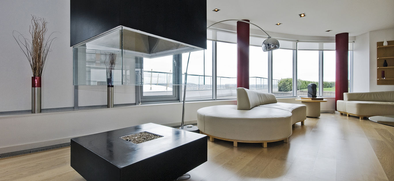 luxury penthouse living room with modern fireplace